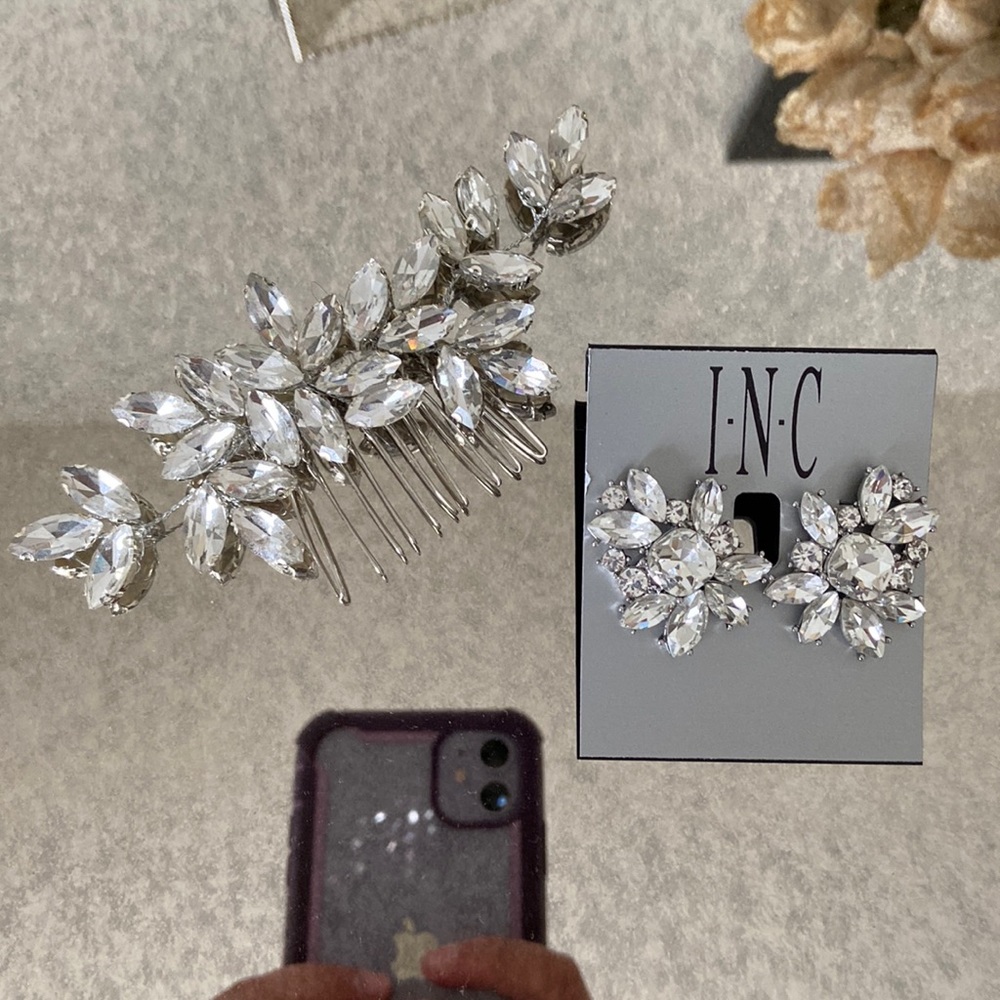 Wedding earrings and hair pin, crystal, silver
